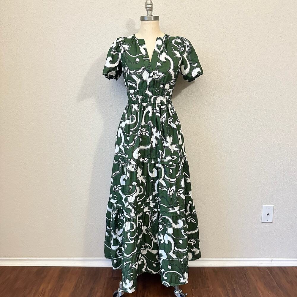 ANTHROPOLOGIE Somerset Maxi Dress Womens XS Green White Abstract Floral Tiered